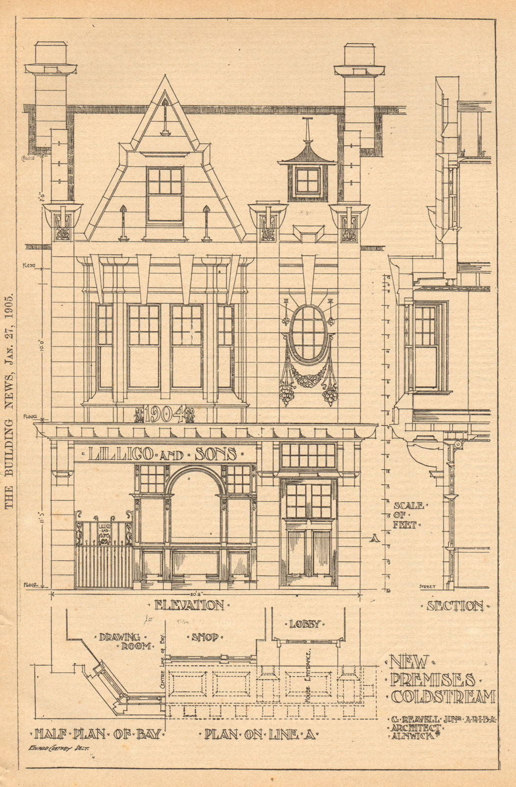 New premises, Coldstream, G Reavell, Architect. Lilligo & Sons. Scotland 1905